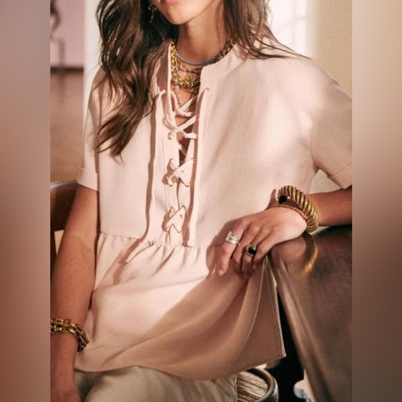 Sézane Paris Lace-Up Blush Peplum Babydoll Top